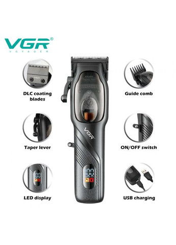 Професійна акумуляторна машинка для стриження V-269, 4 насадки, LED-дисплей VGR (372005258)