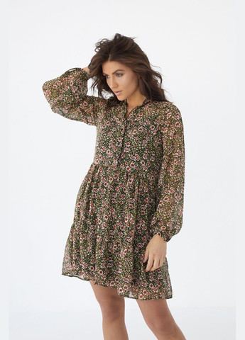 Оливковое (хаки) повседневный шифоновое платье с цветочным узором с завышенной талией 90182 Lurex с цветочным принтом