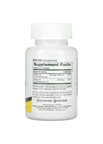 Витамин Д3 и К2 Vit D3/Vit K2 1000 МЕ/100 мкг 90 капс Nature's Plus (357342477)