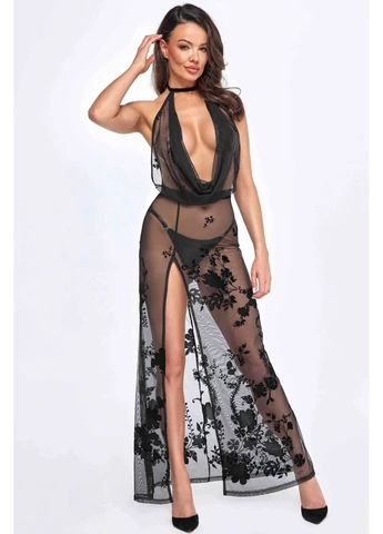 Сукня прозора F312 Divinity long flocked mesh dress with open Noir Handmade (298412603)