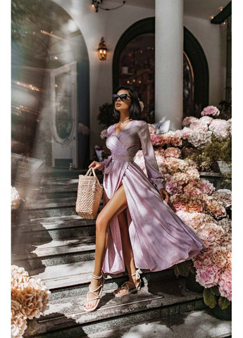 Розовое вечернее платье с юбкой-солнце, на запах First Woman в горошек