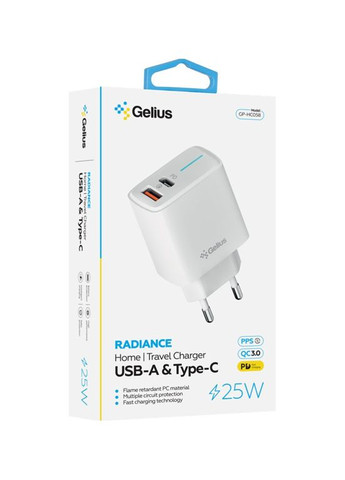 Мережевий зарядний пристрій Radiance GP-HC058 25W + кабель Full Silicon Type-C to Type-C White Gelius (317192905)