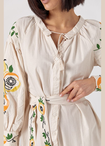 Бежевое вышитое хлопковое платье на пуговицах Lurex