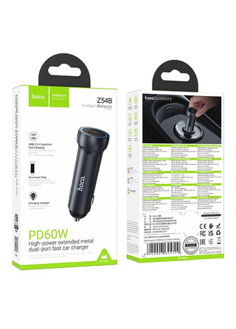 Автомобильное зарядное устройство Z54B PD60W/QC3.0 LED подсветка 2 разъёма Type–C Metal Grey Hoco (340935408)