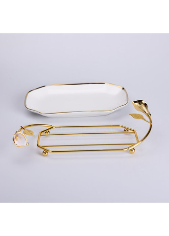 Керамическая фруктовница на подставке 26×15×3.5 см Белая с золотом Yiwu (360455069)