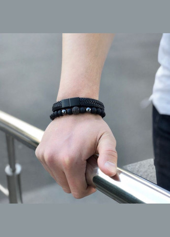 Мужские браслеты из натуральных камней и кожи, черные из агата, комплект. No Brand (328251269)