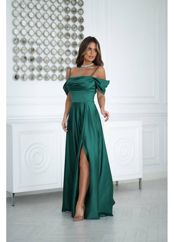 Зеленое праздничный, вечернее атласное платье макси со спущенными рукавами и драпировкой MonCher