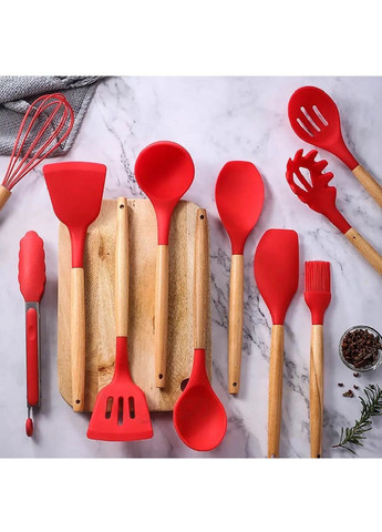 Набор комплект кухонных принадлежностей на 12 предметов аксессуаров с подставкой силикон дерево (476491-Prob) Красный Unbranded (282969854)