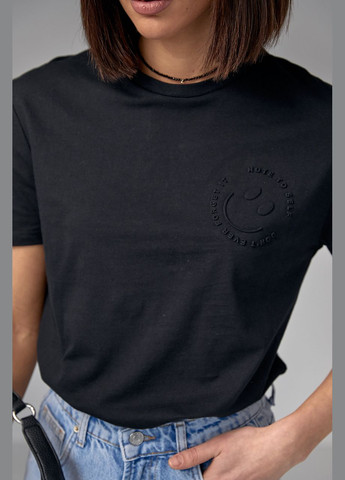 Черная летняя хлопковая футболка с выпуклым принтом смайла - черный Lurex