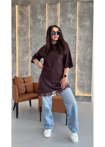 Женская футболка-туника в стиле ZARA из хлопка, атласа и кружева ‼️Замеры в описании‼️ GD/GL Модний простір - (397032903)
