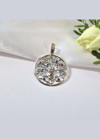 Серебряная подвеска Круглый кулон с разноцветными камнями Дерево серебро 925 пробы Родированное 93487 5.60г No Brand (306743341)