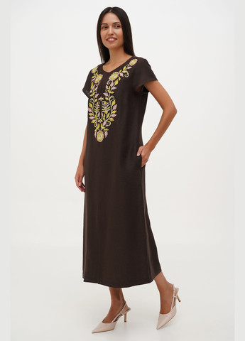 Коричневое льняное макси платье с коротким рукавом и цветочной симметричной вышивкой диана. зеленый, р.42, код 0358/42/1642 ГАЛЕРЕЯ ЛЬОНУ