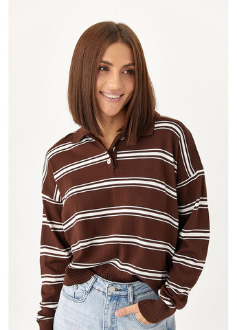 Коричневий демісезонний в'язаний смугастий светр-поло - пудра колір Lurex