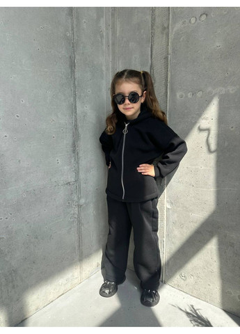 Чорний демісезонний костюм трендовий теплий штани палаццо та кофта на блискавці з капюшоном,трьохнитка на флісі Україна