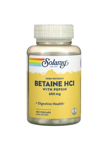 Бетаин гидрохлорид 650 мг с пепсином Betaine HCL with Pepsin для секреции желудочного сока 100 капсул Solaray (263517351)