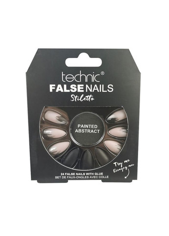 Накладні нігті із клеєм Cosmetics False Nails Stiletto "Painted Abstract" Чорно-бежевий 24 шт. Technic (292128884)