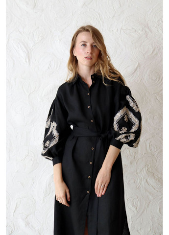 Чорна сукня жіноча «зерно» з машинною вишивкою, 100% льон, розміри xs–4xl, з кишенями та поясом MOTYV з геометричним візерунком