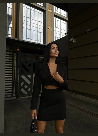 Черное нежное черное короткое платье в стиле zara, стильное качественное платье с длинным рукавом, открытым торсом и декольте No Brand однотонное