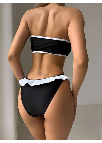 Черный летний женский летний пляжный раздельный купальник бандо с рюшами. раздельный No Brand