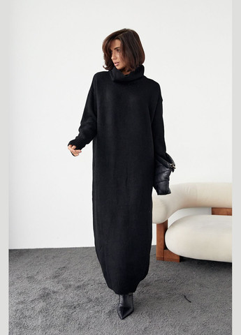 Черное кэжуал вязаное платье oversize с высокой горловиной 3751 Lurex однотонное