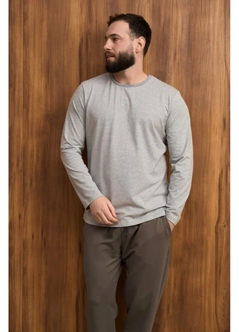 Пижама мужская COTTON BASIC лонгслив серый меланж + штаны прямые серая Handy Wear (384686838)