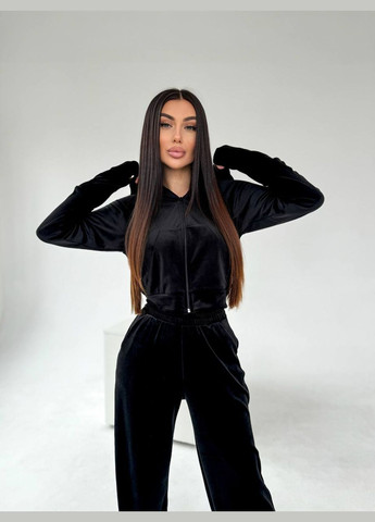 Элегантный чёрный костюм тройка из плюшевого велюра, очень мягенький, тёплый и приятный к телу костюм 3-ка (топ+кофта+штаны) No Brand 671 (301842337)