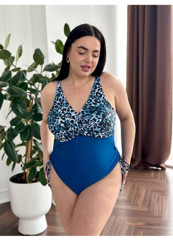 Синий летний женский сплошной купальник плюс сайз с леопардовым верхом женский купальник больших размеров синий леопард No Brand