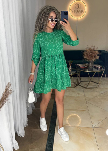 Зеленое повседневный платье мины длины из софта в горошек с рюшами а-силуэт Україна в горошек