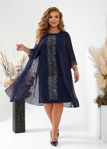 Темно-синее праздничный, коктейльное, вечернее платье шифоновое со стразами а-силуэт оверсайз, а-силуэт No Brand однотонное