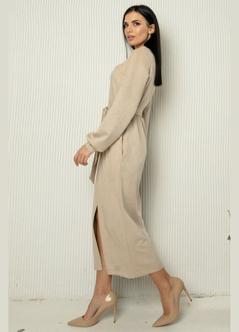 Кремова повсякденний трикотажна сукня міді прямий вільний силует з декоративною горловиною та пишним рукавом (пл 0722) RiMari