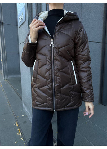 Темно-коричнева демісезонна куртка 8125512 стьобана плащівка лаке,силікон 200,з капюшоном на блискавці двосторонній Україна