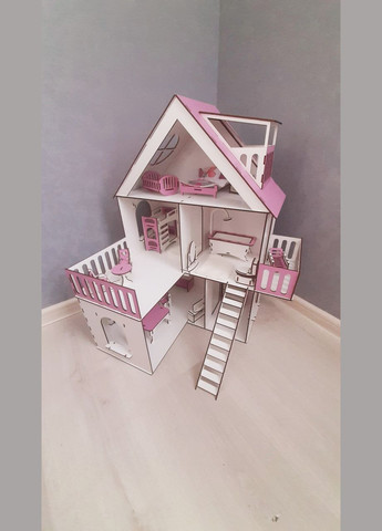 Деревянный детский самосборный кукольный домик для кукол с мебелью, с террасой, с балконом и лестницей. No Brand (305076712)