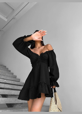 Черное кэжуал мини платье из муслина с пышной юбкой Adelante однотонное