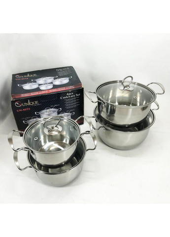 Набор кастрюль UN-5072 8 предметов нержавеющая сталь стеклянные крышки, Набор посуды для плит Unique (366238633)