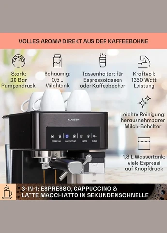 Кавоварка Arabica Comfort 1350W 20 бар (10041523) Klarstein (338194873)