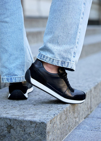 Черные демисезонные мужские кроссовки из натуральной кожи черного цвета 35474 No Brand