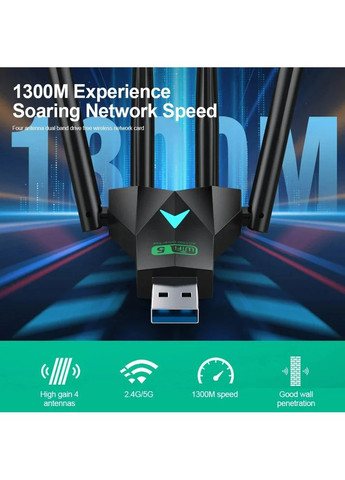 Компактный WiFi USB 3.0 адаптер LA09 1300 Мбит/с с 4 антеннами двухдиапазонный 2.4G/5G для Windows 10/11 No Brand (370159653)