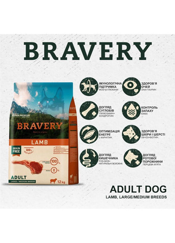 Сухий корм Chicken Adult Large Medium для дорослих собак середніх та великих порід з куркою 12 кг (8436538946626) Bravery (366081666)