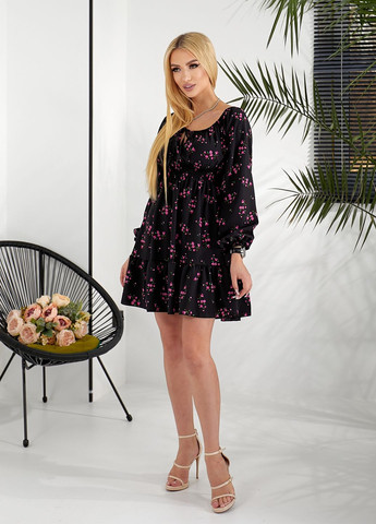 Чорна повсякденний, кежуал міні сукня з довгими рукавами кльош, дзвін No Brand з квітковим принтом