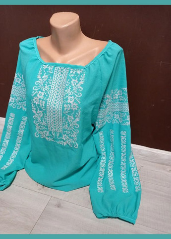 Бирюзовая вышиванка женская рубашка блуза с вышивкой шифон бирюза 42-54 размеры узор украинская символика шифон (313099963)