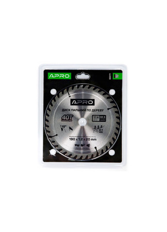 Диск пиляльний для дерева 190 мм, 40 зубців, твердосплавний, для поздовжнього та поперечного розпилювання Apro (334317020)