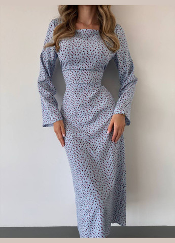 Голубое цветочное макси-платье с шнуровкой на спине No Brand с цветочным принтом