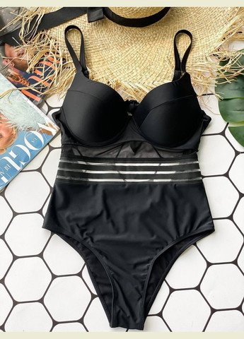 Черный летний стильный купальник с вставочкой сеткой и спинкой на завязках слитный Vakko