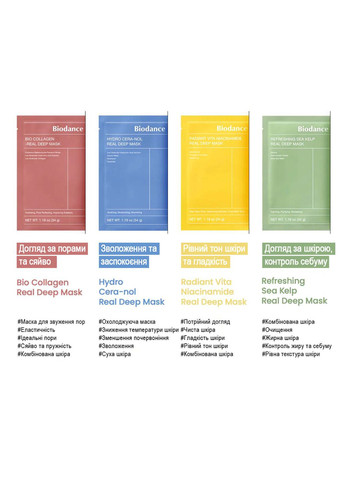 Набір гідрогелевих масок 4 види: з колагеном, гіалуроновою кислотою, вітаміном С, водоростями 34 г х 4 шт Biodance (345709002)