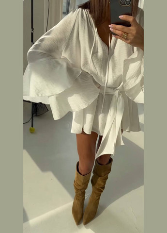 Молочна повсякденний, святковий жіноча сукня міні з поясом в стилі бохо оверсайз Style Point однотонна