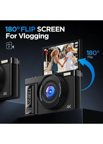 Цифровая камера 4K для фотосъемки и видеоблога GEVVES A9 64 МП Компактный фотоаппарат с поворотным экраном Черный No Brand (395415493)