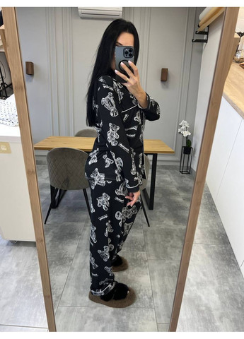 Черная всесезон женская пижама рубашка + брюки No Brand