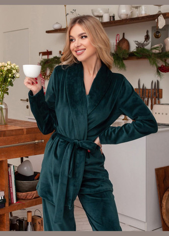 Темно-зелена всесезон затишна велюрова піжама з поясом No Brand
