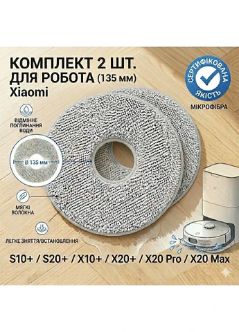 Мопи (серветки) для робота-пилососа Xiaomi Robot Vacuum S10+ / S20+ / X10+ / X20+ / X20 Pro / X20 Max, 135 мм, 2 шт No Brand (391007387)