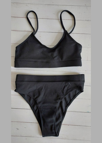 Чорний демісезонний жіночий роздільний купальний в рубчик із завищеною талією (арт.60125) No Brand